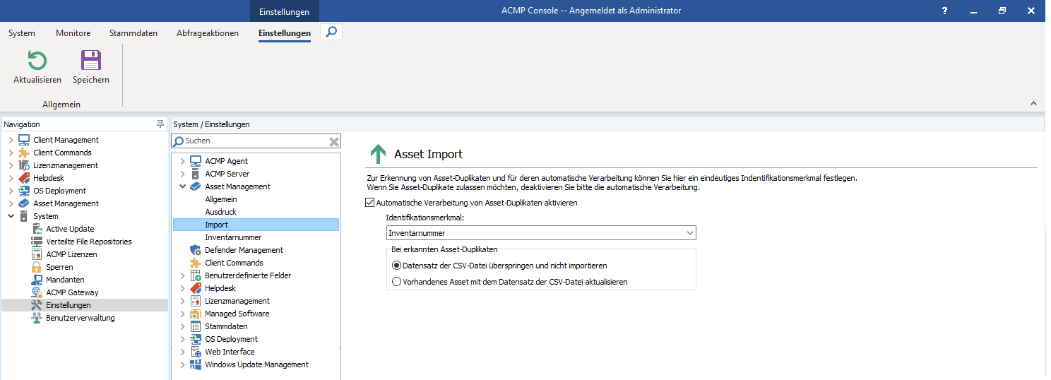 Einstellungen: Asset Management - Import