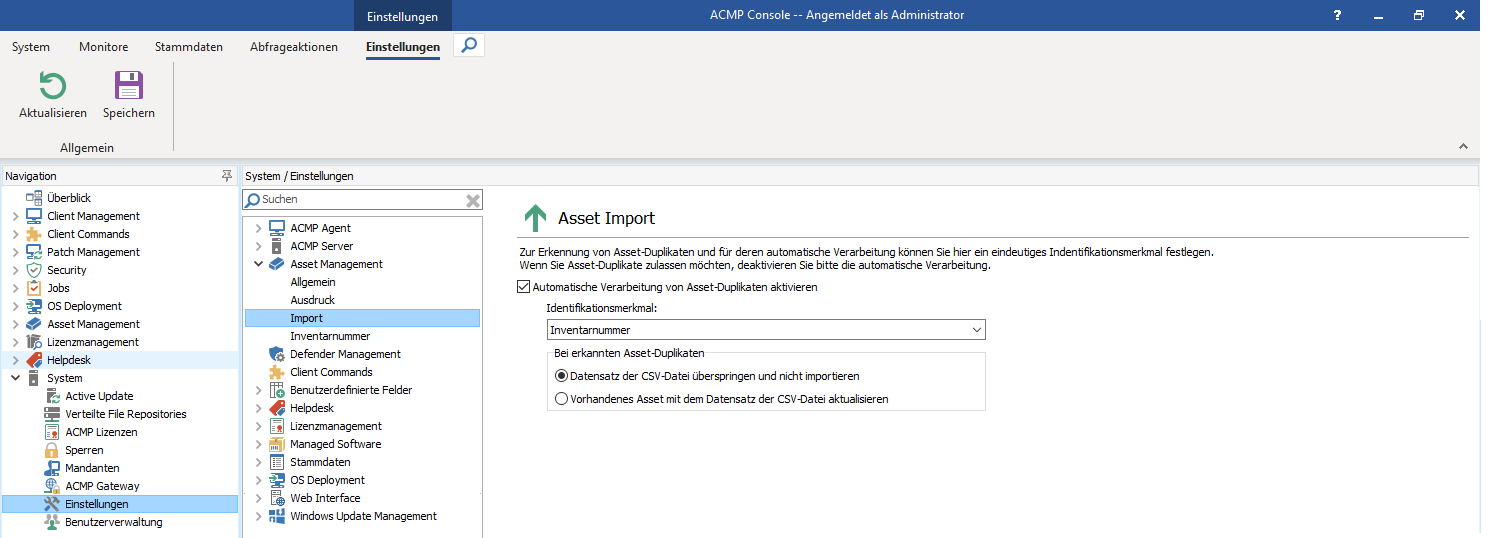 Einstellungen: Asset Management - Import