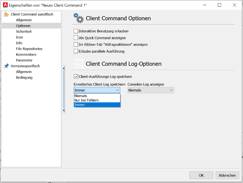 Verschiedene Optionseinstellungen für das Client Command