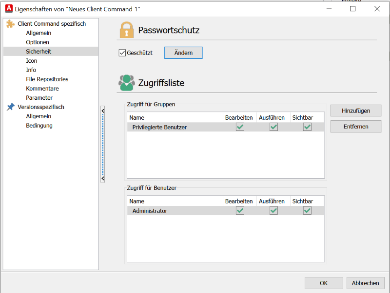 Sicherheitseinstellungen für das Client Command