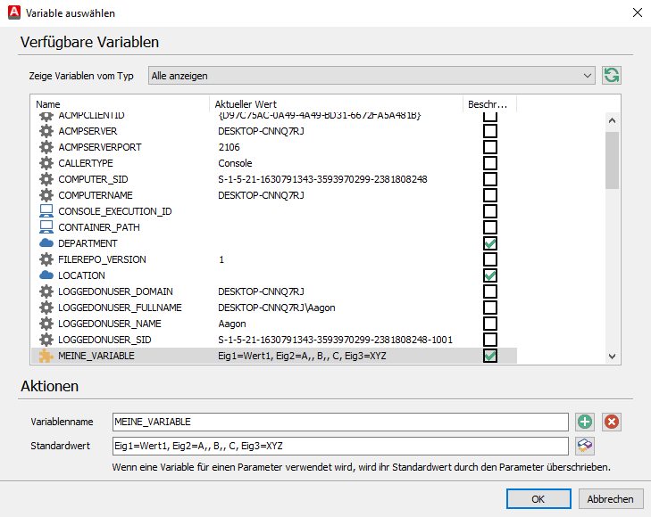 Variable mit Beispielwerten