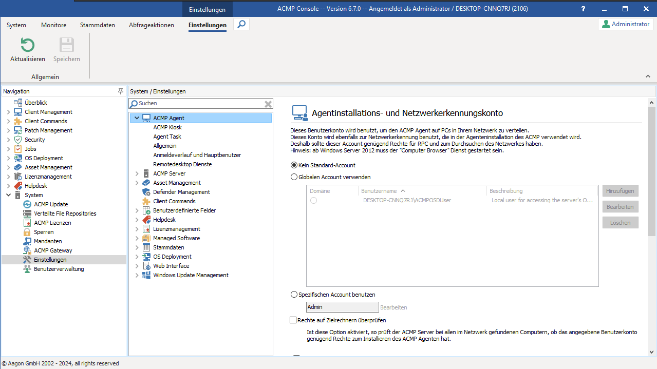 Systemeinstellungen: ACMP Agent