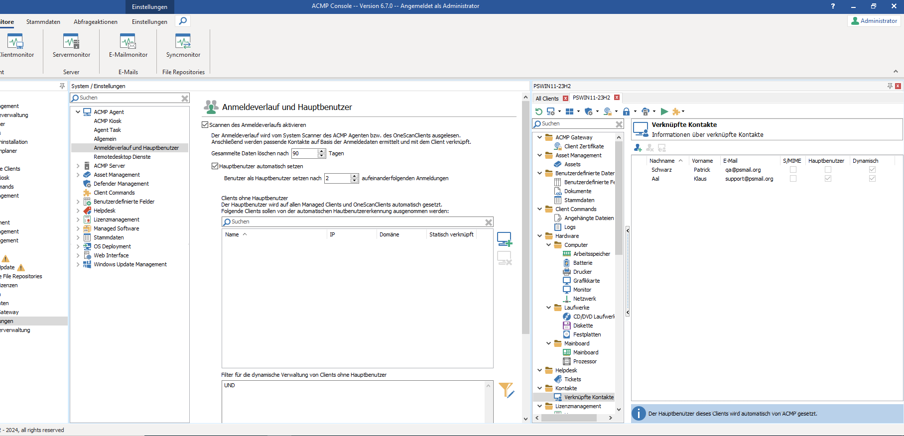 Anzeige des automatisch verknüpften Hauptbenutzers in den Client Details