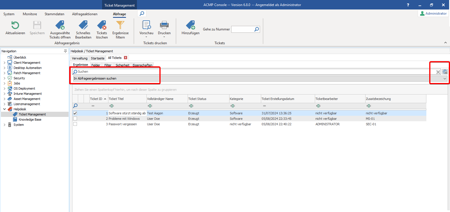 Erweiterte Suche in einer Ticket-Abfrage
