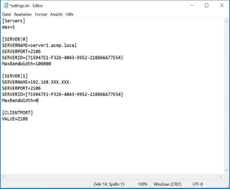 Beispiel für eine Settings.ini mit einem Servereintrag