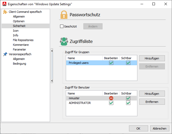 Standard-Gruppe und -Benutzer in Access Lists