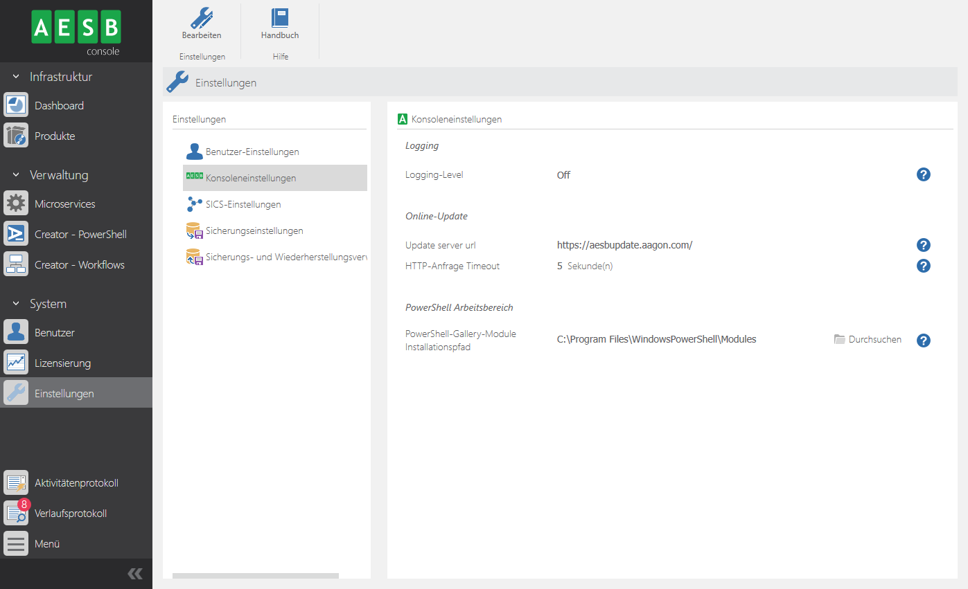 Einstellungen für die AESB Console