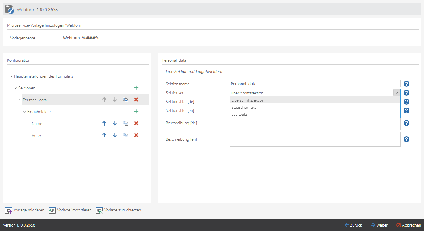 Erstellen einer Sektion im Webform-Produkt
