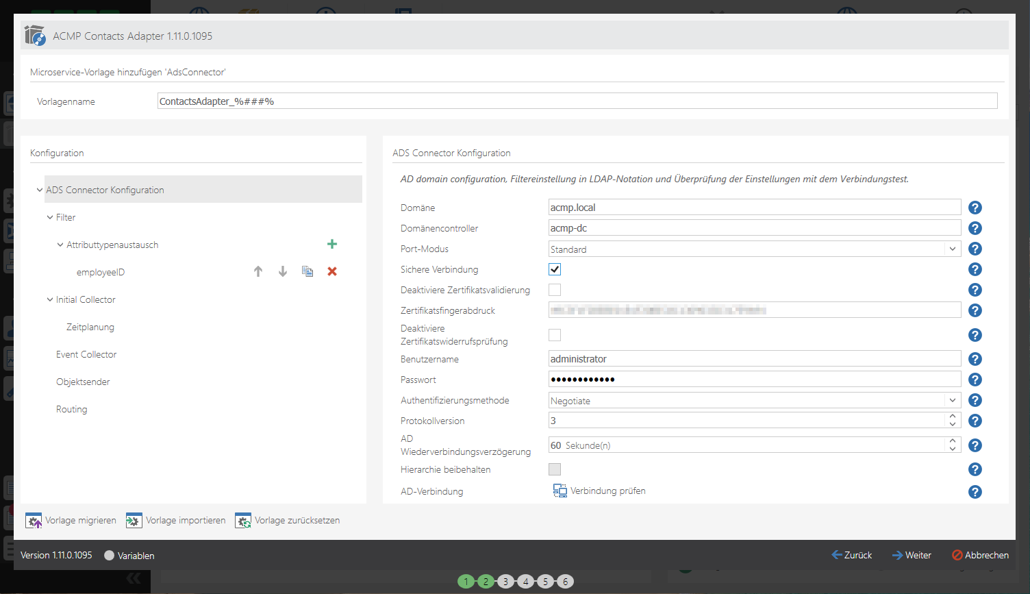 Konfigurationsabschnitte des Contacts Adapters