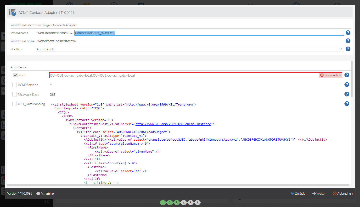 Konfiguration der Workflow-Instanz des Contacts Adapters