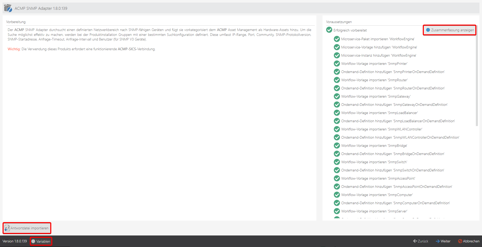 Funktionen im Installations-Wizard - Vorbereitung