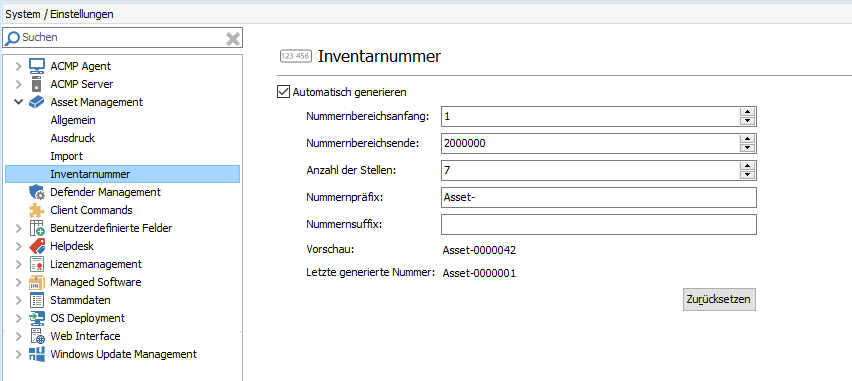 Einstellungen: Asset Management - Inventarnummer