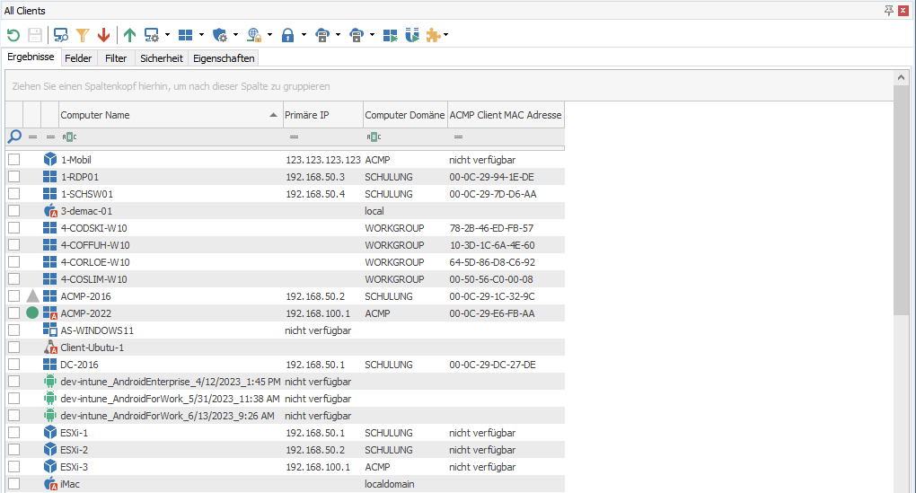 Mögliche Aktionen zur Ausführung in den Abfrageergebnissen