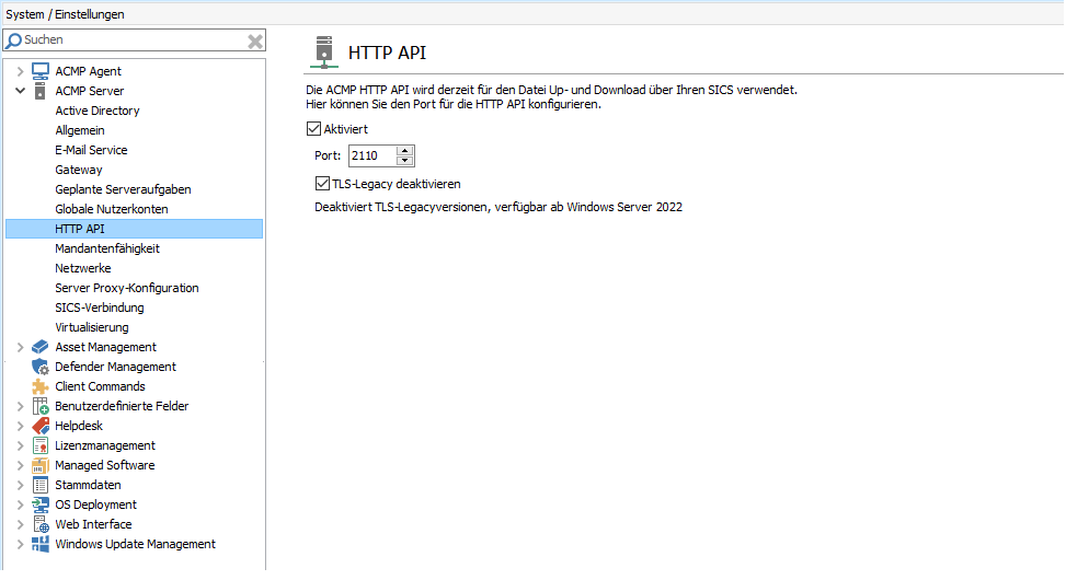 Einstellungen zu der HTTP API