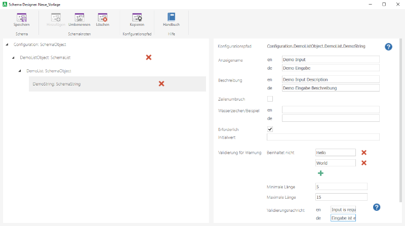 Beispiel-Eingabe im Schema-Designer