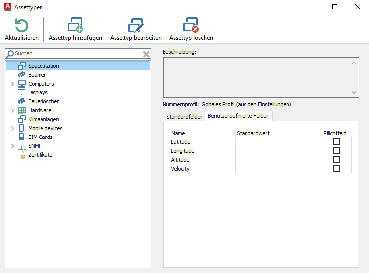 Neuer Assettyp mit benutzerdefinierten Feldern für die ISS-Daten