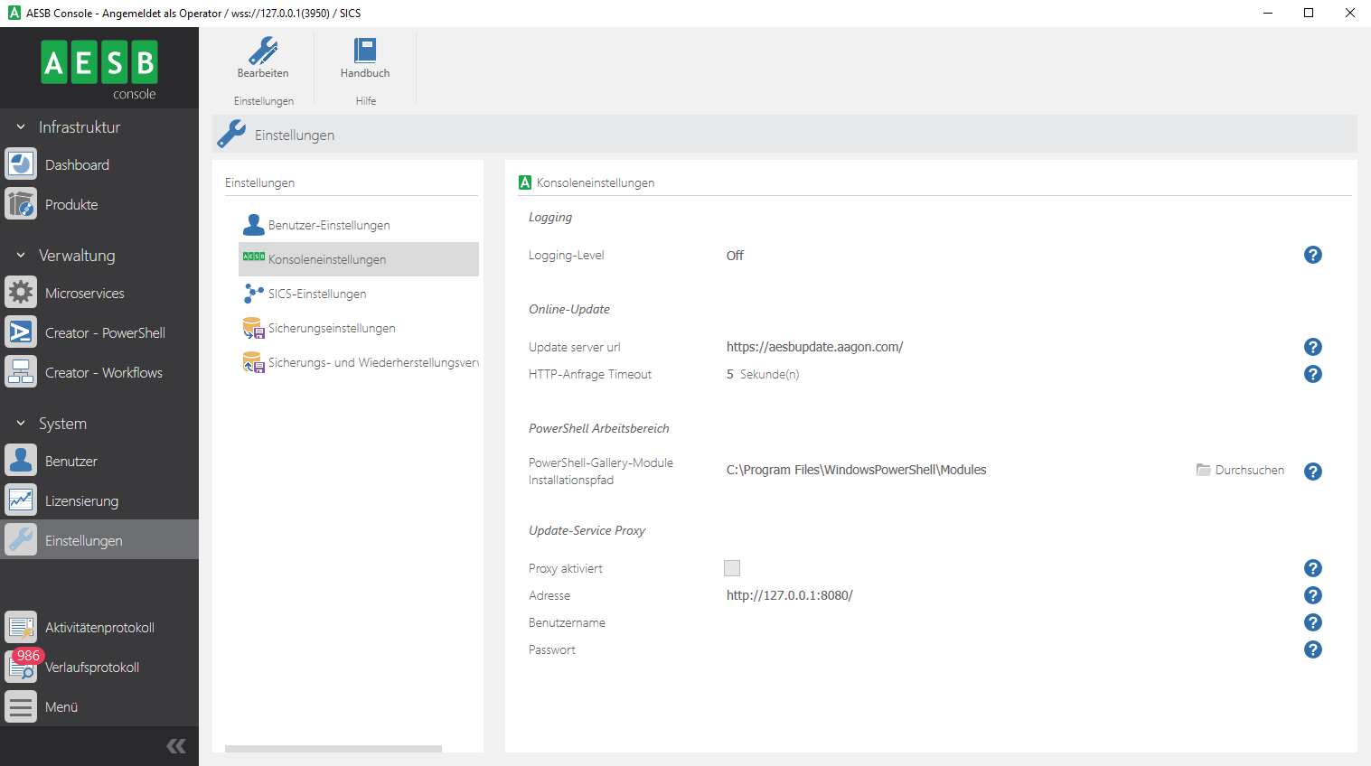 Einstellungen für die AESB Console