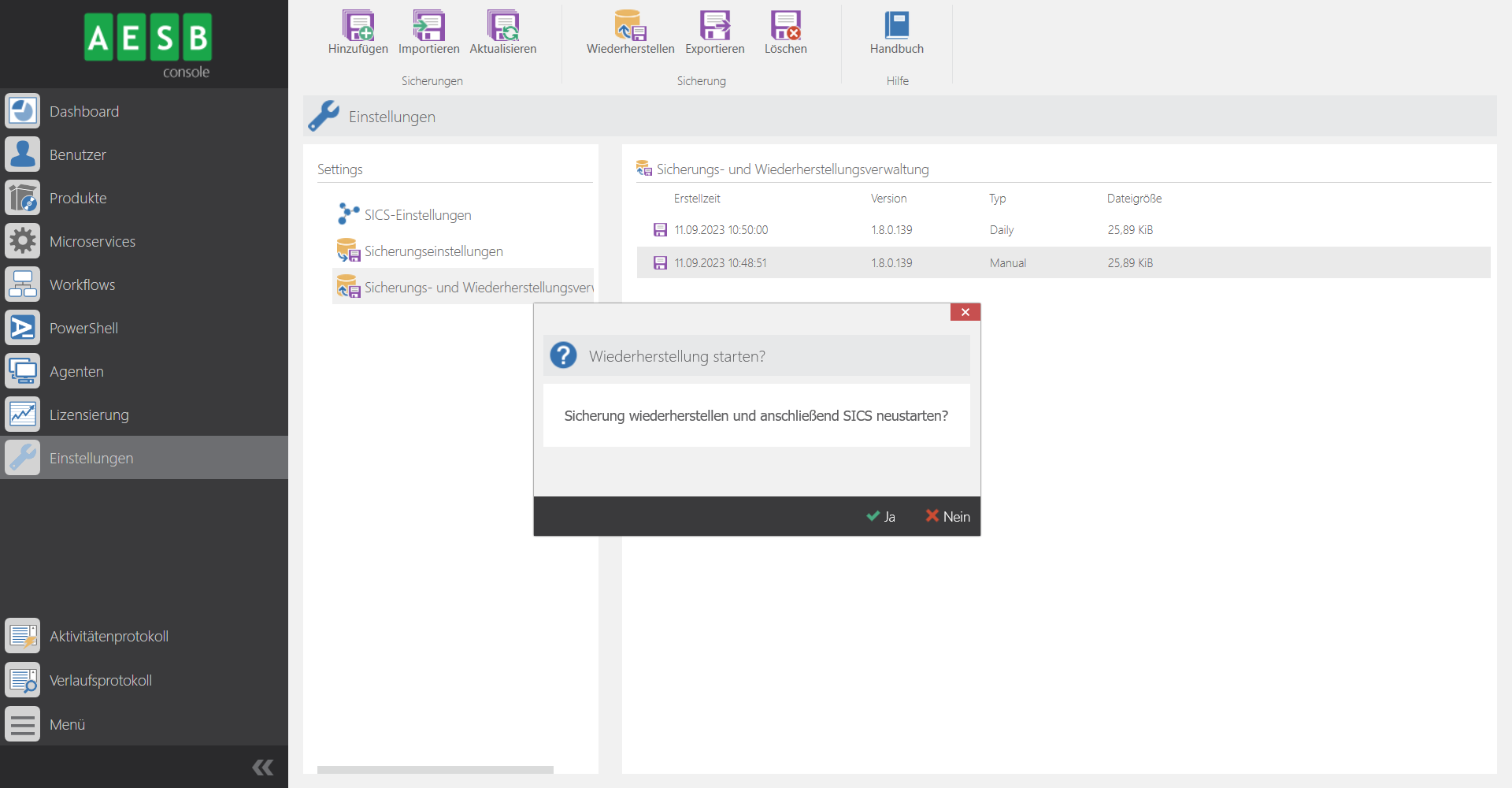 Sicherungsdatei wiederherstellen
