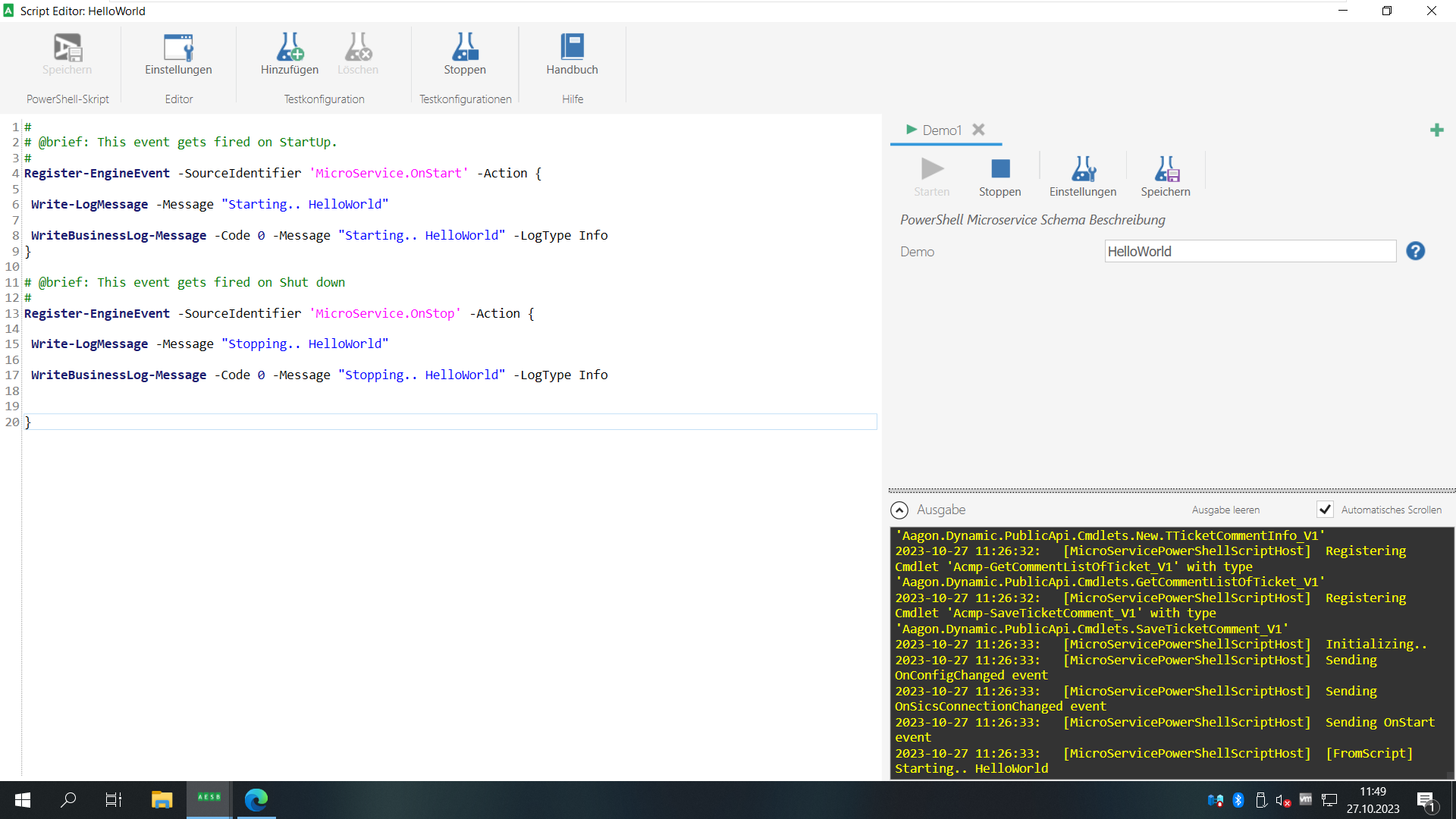 Skript-Editor mit laufender Testkonfiguration