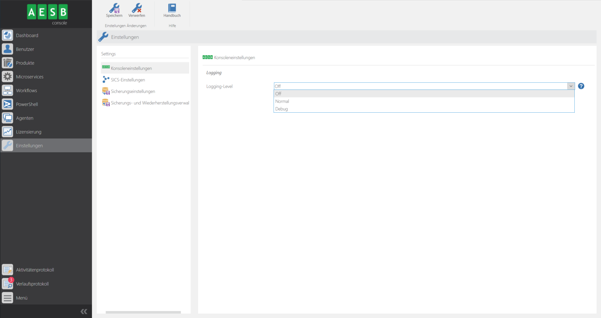 Einstellungen für das Logging-Verhalten der AESB Console